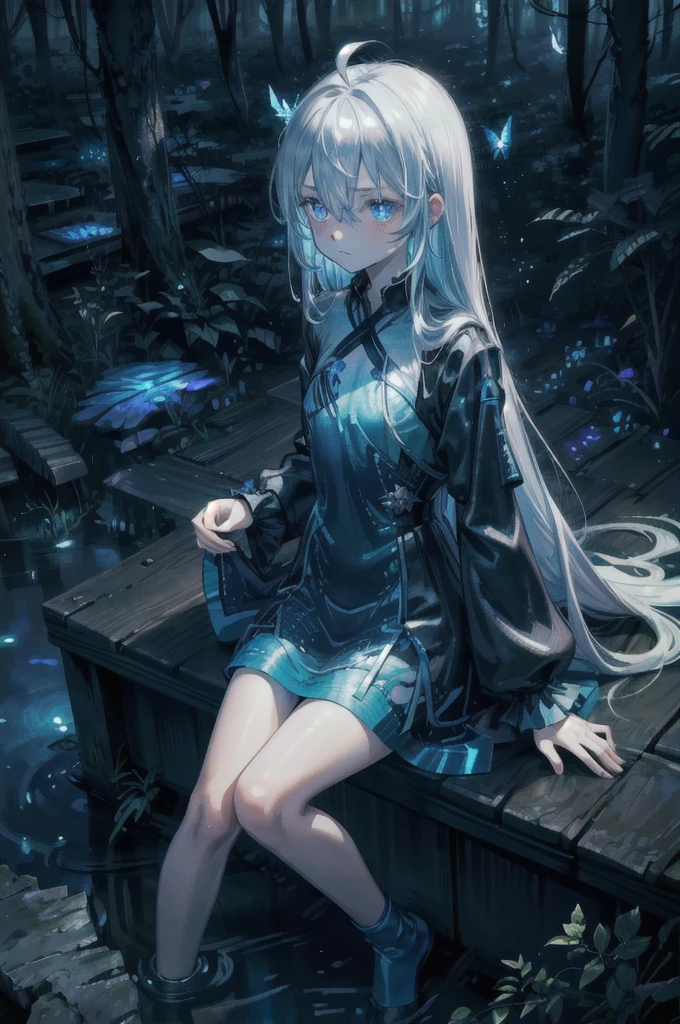 ((best quality, masterpiece, absurbres, super-resolution)), moody lighting, abstract anime illustration, 1girl, blue bioluminescent dress, glowing butterflies, night, beautiful forest, (fantasy:1.2), moonlit, blue theme, (absurdly long hair:1.2), ahoge, white hair, pale skin, beautiful blue eyes, flat chest, looking at viewer, expressionless, hair between eyes,  eerie, dark, rock, sitting
