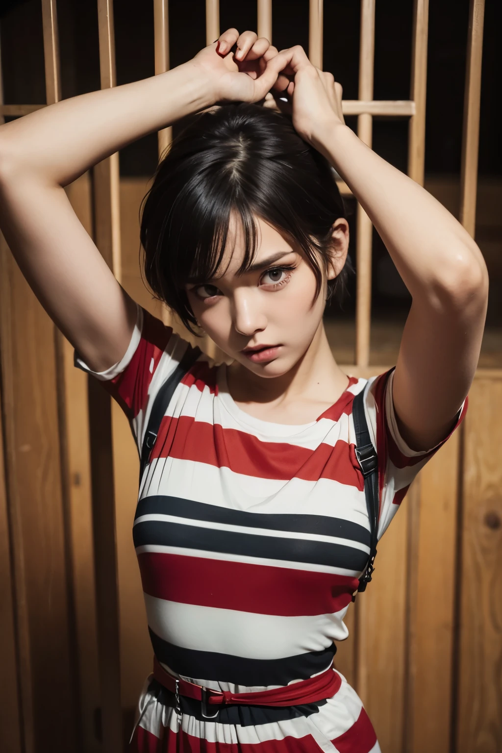 Beautiful woman dressed as a prisoner, shackles on feet, red striped jumpsuit, Iron bars, short sleeves, short cut hair, (Highly detailed facial expressions), random pose,