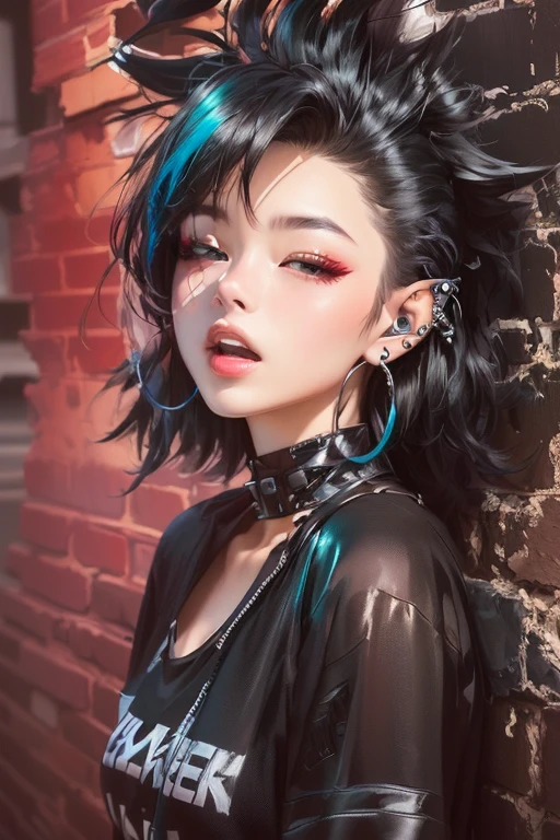 Arafed woman with black hair and piercing, leaning against a brick wall, cruel korean goth girl, 1 7 - year - old anime goth girl, Beautiful face of a girl in cyberpunk style, 1 7 - year - old goth girl, goth girl, anime style, mixed with Fujifilm, Oljan, punk style, Black-haired girl in cyberpunk style, Alice x. Zhang
