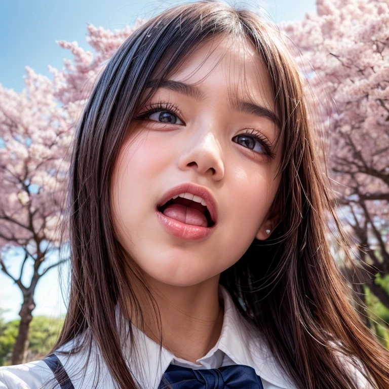 Best_Quality, HDR, masterpiece, Hi-Res, (realistic and photorealistic with touch of rawness:1.37), (group photo:1.6), ((SchoolGirls Surrounding the camera in Upward composition)), Panoramic, (Filled with many Faces), (NOGIZAKA face variations:1.4), { Looking down at the camera | (Kissing face to face) }, (((close:1.2, Face closeup from below:1.4))), (((Sky background)) with CherryBlossoms) . BREAK  Extremely Detailed KAWAII face variations, captivating gaze, elaborate detailed Eyes with (sparkling highlights:1.32), long eyelashes、Glossy RED Lips with beautiful details, Coquettish tongue, Rosy cheeks, Glistening ivory skin . { (Dynamic joyful expressions) | (:D) | (Kissing) | Tongue out }, { baby hair | Updos | OKAPPA }, Childish, SchoolUniform .