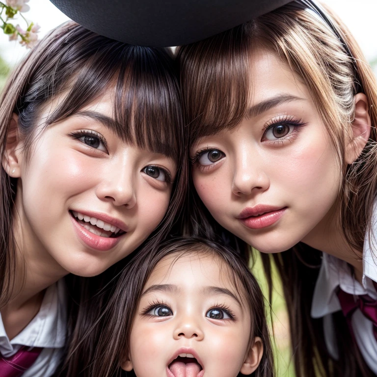 Best_Quality, HDR, masterpiece, Hi-Res, (realistic and photorealistic with touch of rawness:1.37), (group photo:1.6), ((SchoolGirls Surrounding the camera in Upward composition)), Panoramic, (Filled with many Faces), (NOGIZAKA face variations:1.4), { Looking down at the camera | (Kissing face to face) }, (((close:1.2, Face closeup from below:1.4))), (((Sky background)) with CherryBlossoms) . BREAK Extremely Detailed KAWAII face variations, captivating gaze, elaborate detailed Eyes with (sparkling highlights:1.32), long eyelashes、Glossy RED Lips with beautiful details, Coquettish tongue, Rosy cheeks, Glistening ivory skin . { (Dynamic joyful expressions) | (:D) | (Kissing) | Tongue out }, { baby hair | Updos | OKAPPA }, Childish, SchoolUniform .