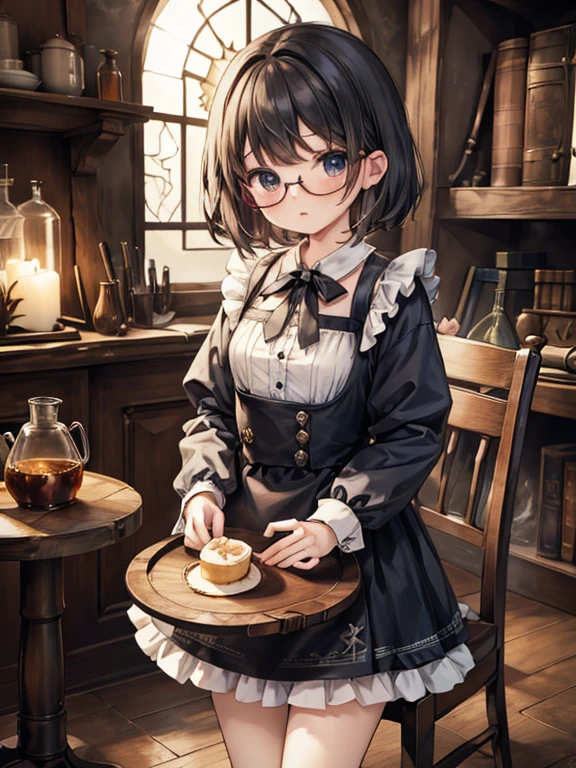 masterpiece, highest quality, Very detailed, 16k, Ultra-high resolution, Cowboy Shot, Detailed face, Perfect Fingers,  female,  black eye, Black Hair, Shortcuts, Glasses, Blue Apron Dress, White blouse, flare skirt, Drawers, Black shoes, Luxurious Western-style building, renaissance_alchemist_studio, library, Bookshelf, table, Black tea, cake, Chair, Chairに座る