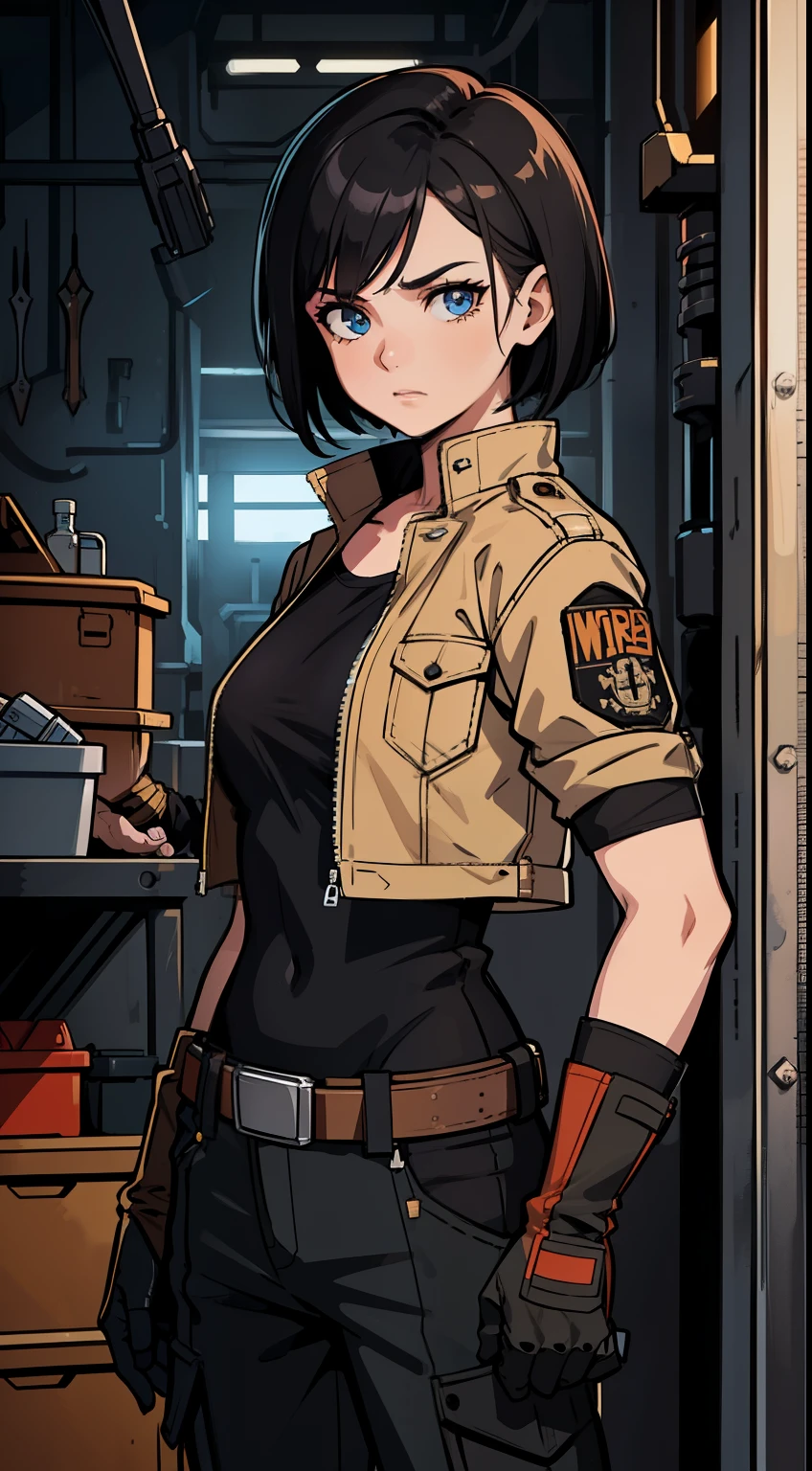 (high-quality, breathtaking),(expressive eyes, perfect face) Symmetrical Eyes, portrait, Star Wars Universe, 1girl, female, adult, mechanic, punk jacket, shirt, short sleeved, gloves, pants, belt, wrench, crystals on belt, messy hair, black hair color, brown eye color, medium hair length, stylized hairstyle, pixie haircut, tall, technician outfit, engineer, workshop background, work bench, tools, mature, narrow eyes, scars
