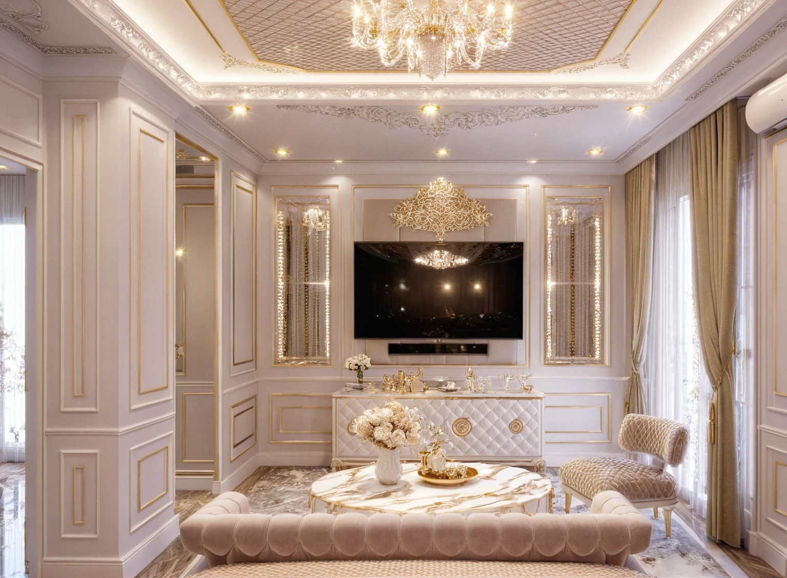 ，Masterpiece, Best quality，8K, Ultra-high resolution，When you step into the living room，Immediately surrounded by a rich atmosphere of luxury。Ornate crystal chandeliers hang high on the wall，Shine brightly。The sofa was covered with a soft white fluffy blanket，It is so comfortable，So much so that you can't help but indulge in it。In the corner of the living room is a delicate coffee table，Embellished with precious porcelain and champagne gold ornaments。Whenever it is late afternoon，The afterglow from the window spilled on the floor，Soft light and shadow are reflected，It was as if entering a dreamland。