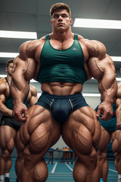 A group of male high school students standing in a row staring blankly into a mirror with open mouths in various stages of transformation as their muscles grow bigger and begin to tear out of their tight shirts, becoming just another group of stereotypical dumb bodybuilder jock bros in the community as they flex to each other and their classmates, saying, "Give in to the swelling tide. The dumb jock grows. The old nerd dies." in dull mindless voices. A less muscular student watches in horror, even as he starts to flex with them and his eyes become dull. Hyper muscles. Big biceps. Big triceps. Big traps. Broad shoulders. Massive pecs. Strong abs. Broken Tank top strap. Bulging crotch. Hyper bulge. Bro. Brain to brawn. Brute. Assimilation. Hypnosis. Brainwashing. Dumber and dumber. IQ drain. Compression gear. Landscape.