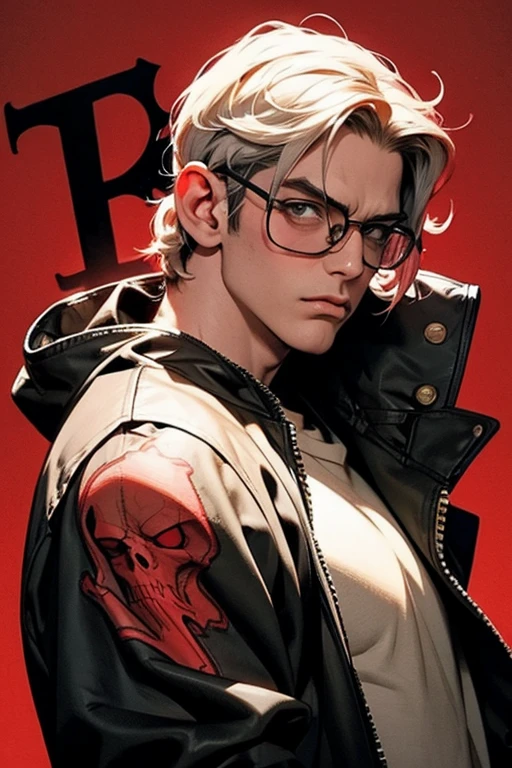 Digital illustration featuring a stylized, confident male character, Albert Weser, with a striking appearance, rendered in a highly detailed, anatomically correct, and super-realistic style with strong anime influences. The subject has light skin, sharp facial features, and slicked-back blonde hair with precise textures. He is wearing red-tinted sunglasses and has a cigarette hanging from his mouth, emitting a small trail of smoke. The character is dressed in a black leather jacket with a high collar and a silver chain necklace, showcasing intricate details. The dark background has subtle red highlights that complement the red glow around the character, adding to the edgy and intense atmosphere of the 4K image.