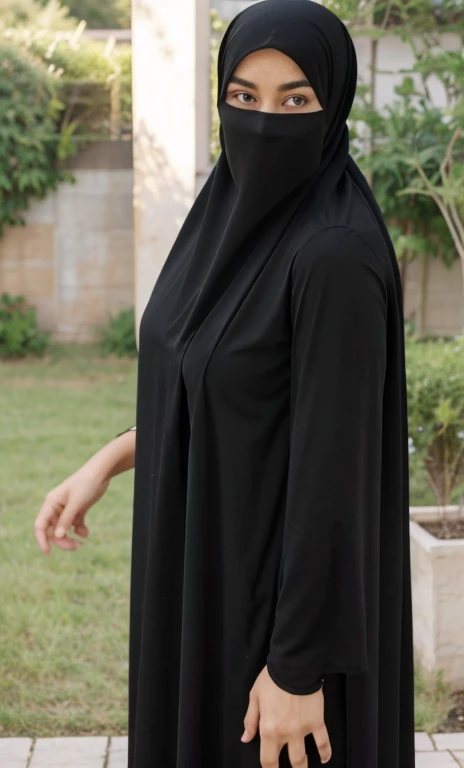 standing, solo, 1girl, mature female, hijab, short girl, long veil, long hijab, fat girl, fat body, beautiful face, cute face, sideboob, large breasts, thigh legs, areola slip, cleavage, leaning forward, hanging breasts, curvy, fat, arms down, looking at viewer, blush, parted lips, light smile, long black hair, black colour hair,
