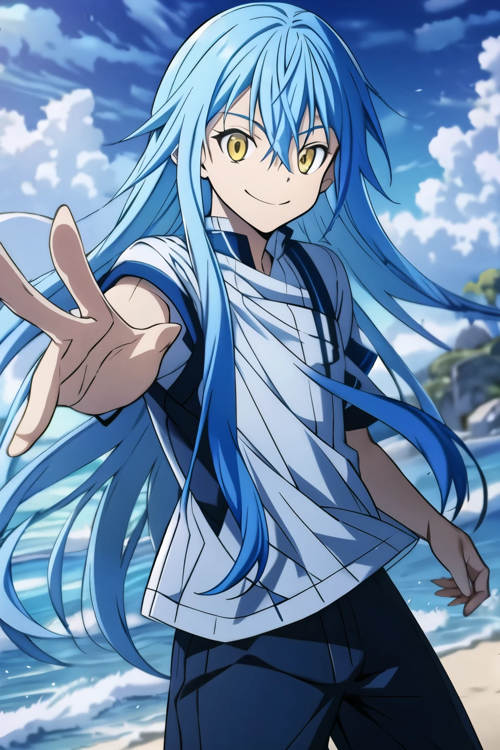 Rimuru tempest, a young boy with long blue hair, golden yellow eyes, smiling, beach environment, wearing casual sporty blue, white and black clothes, intricate details, 8k, photorealistic, masterpiece, digital art, vibrant colors, warm lighting, beautiful scenery, serene atmosphere, dynamic pose