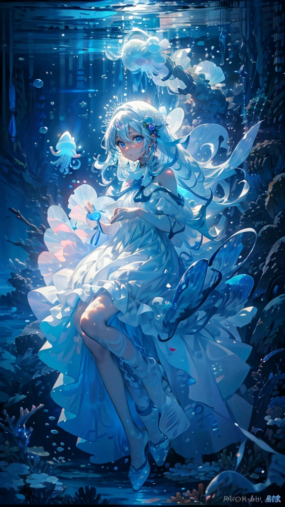 (Mastepiece), (Best Quality), Very detailed、1 girl、Perfect Face、(Full body photography:1.3), Very detailedな顔、(Long white hair:1.5)、(blue eyes:1.4)、(In the water:1.4)、(White Dress:1.5)、Ocean、Coral Reef、School of small fish、Light、Bubble、jellyfish、Ocean algae、(Deep Ocean:1.4)、Fantasy、Ocean bottom、Sink