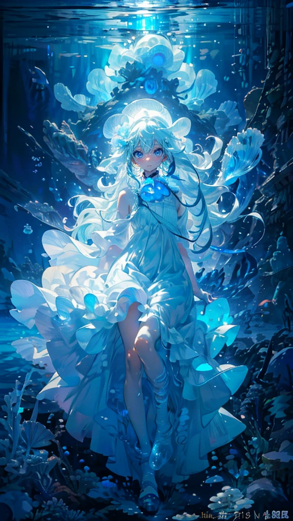 (Mastepiece), (Best Quality), Very detailed、1 girl、Perfect Face、(Full body photography:1.3), Very detailedな顔、(Long white hair:1.5)、(blue eyes:1.4)、(In the water:1.4)、(White Dress:1.5)、Ocean、Coral Reef、School of small fish、Light、Bubble、jellyfish、Ocean algae、(Deep Ocean:1.4)、Fantasy、Ocean bottom、Sink