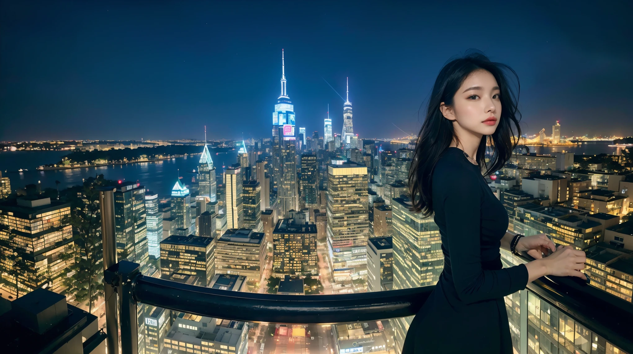 A captivating watercolor painting of an ethereal, enchanting beauty in a Urban Explorer: A woman with a determined look, her profile illuminated by the city lights against a white background. Bold brushstrokes depict the towering skyscrapers and bustling streets of a metropolis. A sleek black cat, rendered in detailed brushwork, leaps across a rooftop, adding a touch of intrigue to the urban landscape, symbolizing both the Christian path to enlightenment and Zen's focus on the journey. The backdrop features a whimsical color palette reminiscent of Ocean Breeze, creating a dark fantasy, fashion, and conceptual art fusion. The image exudes a cinematic atmosphere, blending architecture, fashion, 3D render, portrait photography, wildlife photography, and illustration for a mesmerizing visual experience.