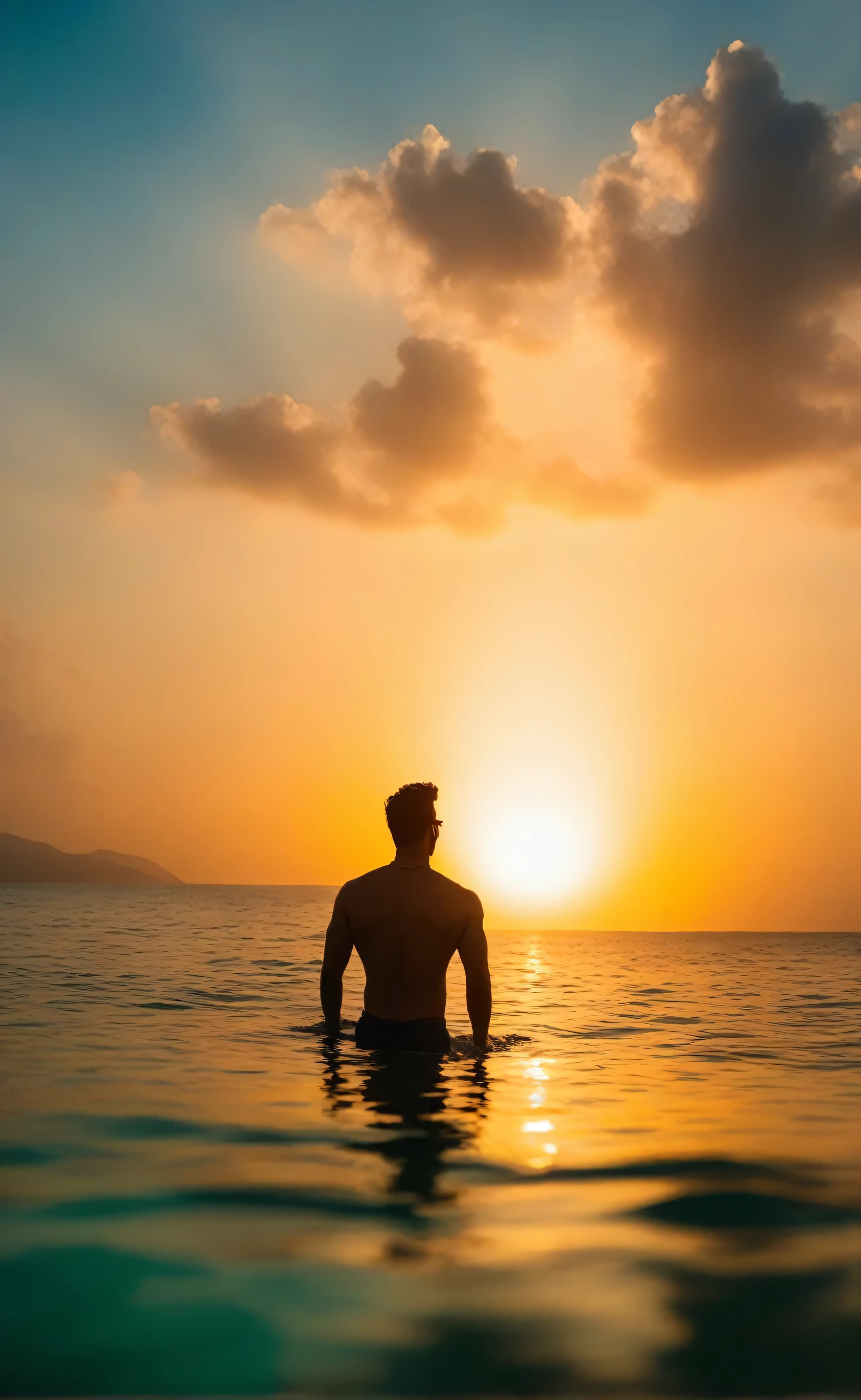 Michael Malarkey，A man enjoys the sunset over the sea in an infinity pool, leg,(panoramic), Solitary, ((masterpiece)), ((best quality:1.2)), high resolution, 8K, (extremist_Practical:1.3), (photoPractical:1.4), (absurd), clear focus, Very detailed, Professional lighting, photography, HDR, Depth of Field, Film Grain, 35 mm, SLR shooting, Global Illumination, clear,Back