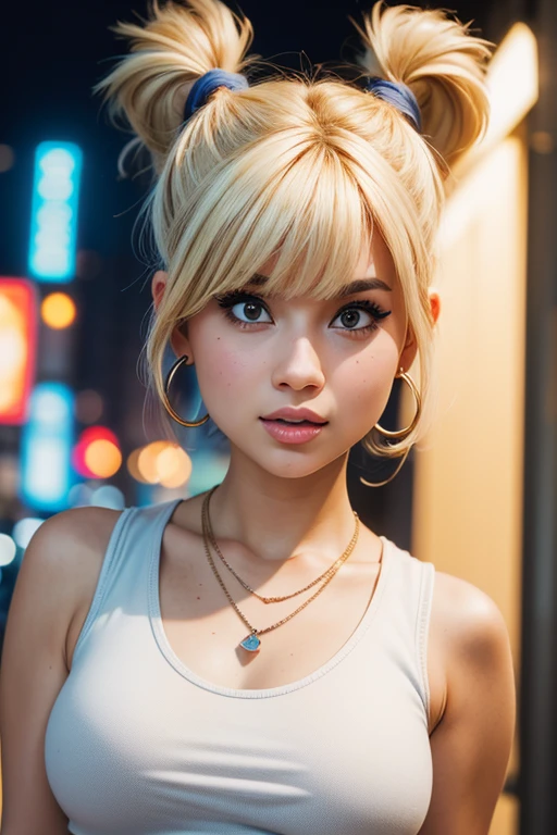 (best quality,4k,highres,ultra-detailed,realistic:1.2), a mature woman, small breasts, flat chest, short white hair with bangs and pigtails, fitted tank top, earrings , necklace, standing in the street at night, neon lights and advertising, close-up portrait