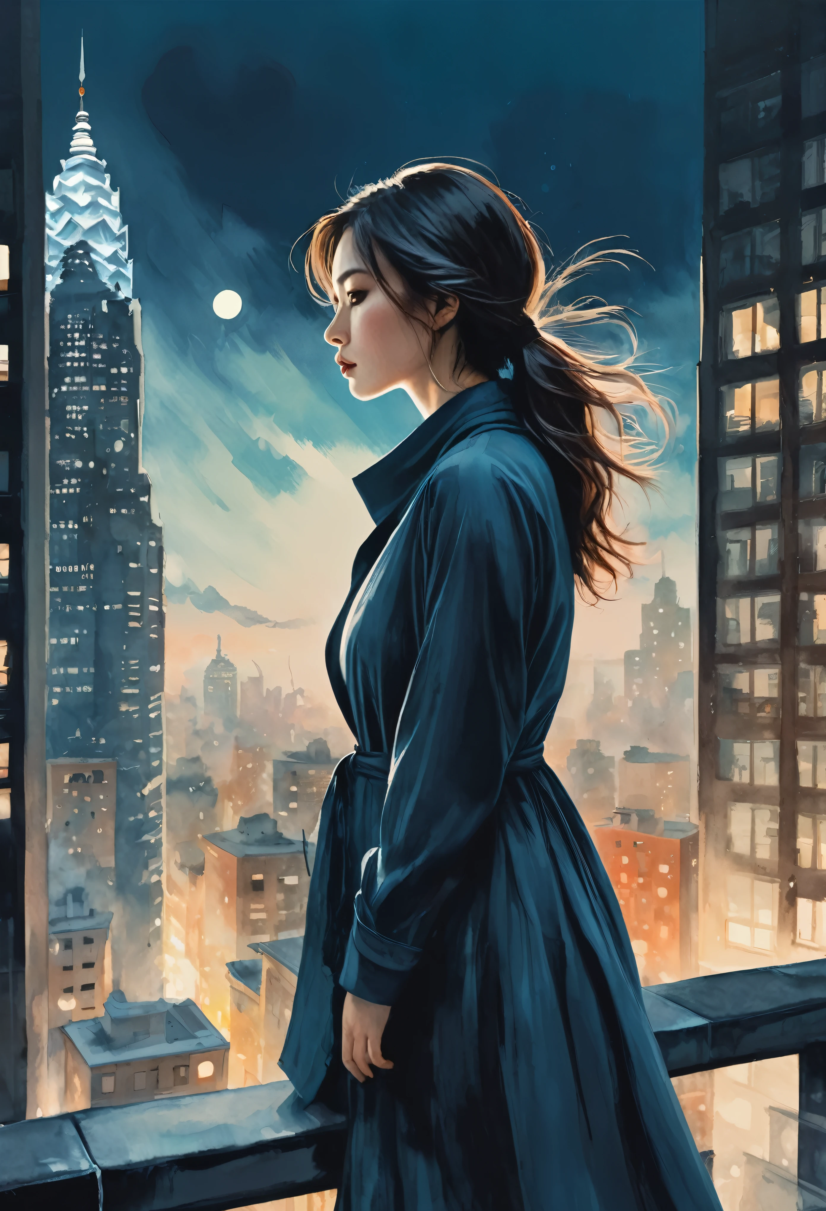 A captivating watercolor painting of an ethereal, enchanting beauty in a Urban Explorer: A woman with a determined look, her profile illuminated by the city lights against a white background. Bold brushstrokes depict the towering skyscrapers and bustling streets of a metropolis. A sleek black cat, rendered in detailed brushwork, leaps across a rooftop, adding a touch of intrigue to the urban landscape, symbolizing both the Christian path to enlightenment and Zen's focus on the journey. The backdrop features a whimsical color palette reminiscent of Ocean Breeze, creating a dark fantasy, fashion, and conceptual art fusion. The image exudes a cinematic atmosphere, blending architecture, fashion, 3D render, portrait photography, wildlife photography, and illustration for a mesmerizing visual experience.