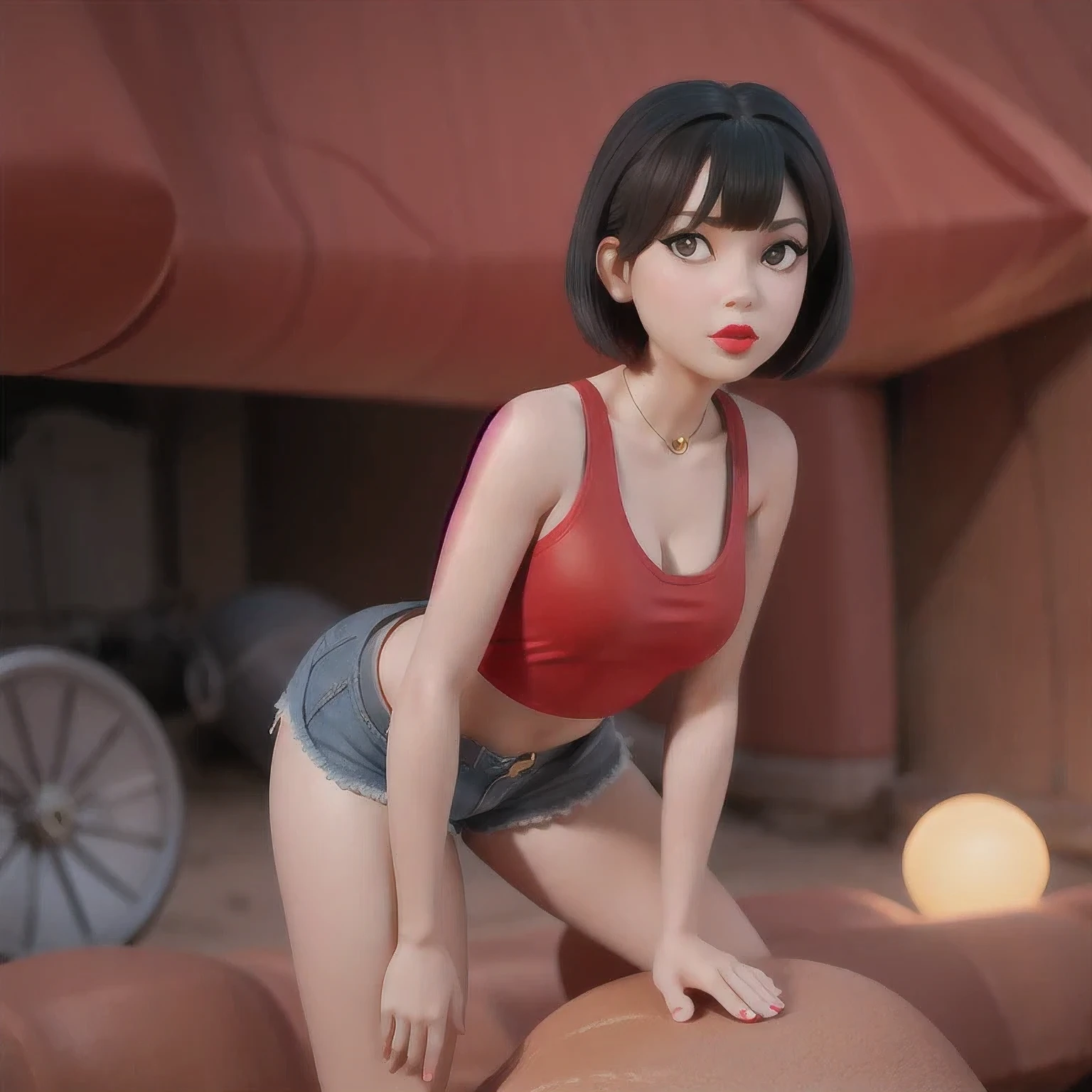 (((1 Girl)))1 Girl
3d
bare shoulders
black eyes
black hair
blurry
blurry background
breasts
brown eyes
depth of field
leaning forward
lips
lipstick
looking at viewer
makeup
nose
outdoors
realistic
red lips
short hair
shorts
solo
tank top,(Desert Abyss)