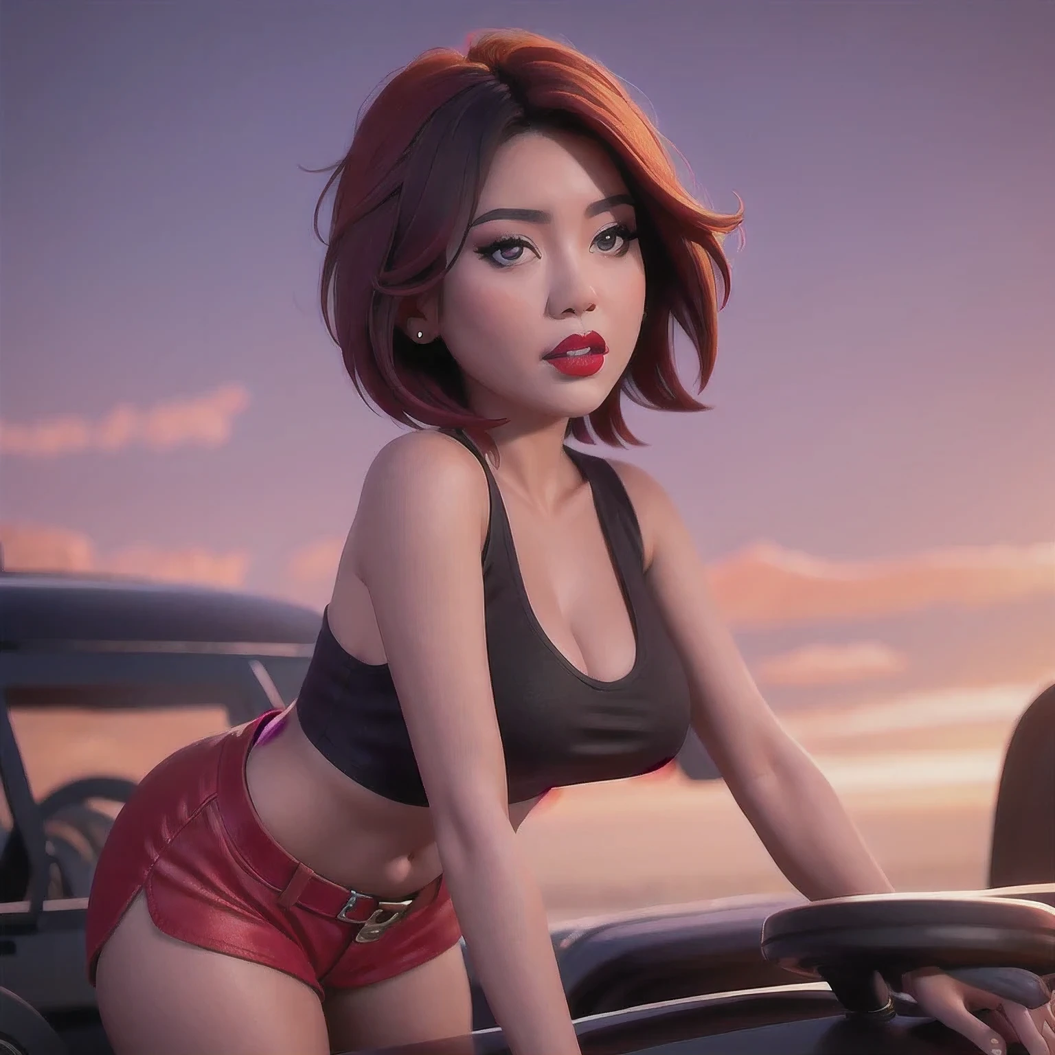 （（（1 Girl）））1 Girl
3d
bare shoulders
black eyes
black hair
blurry
blurry background
breasts
brown eyes
depth of field
leaning forward
lips
lipstick
looking at viewer
makeup
nose
outdoors
realistic
red lips
short hair
shorts
solo
tank top，(Desert Abyss)
