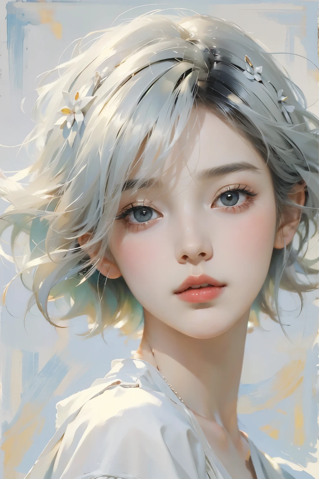 (masterpiece, highest quality:1.2), 1 female, alone、Beautiful Face、A vivid face、Black-haired、short hair、Beautiful Hairstyles、Beautiful Skin、(Face close-up)、Simple white dress、LOHAS、Soft Light、Soft Focus、((White Background))、((Blank Background))、Blur the background、