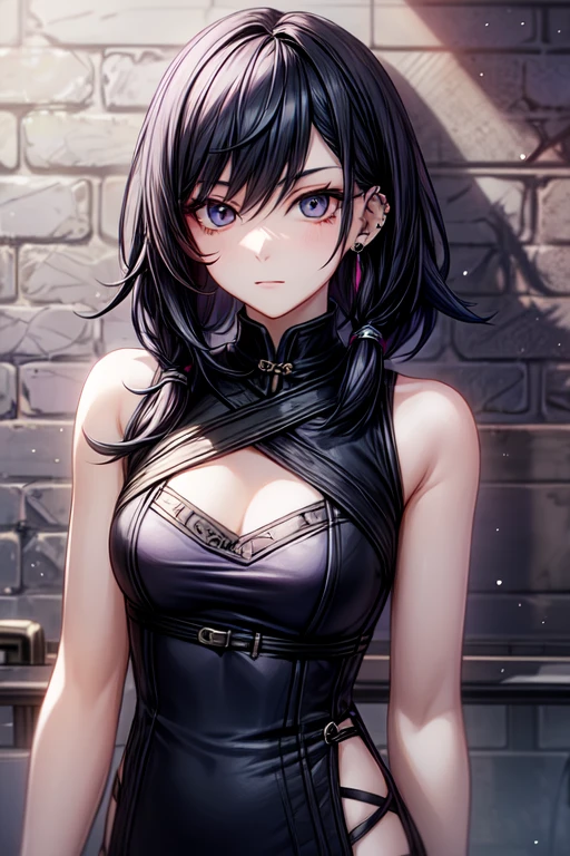 Arafed woman with black hair and piercing, leaning against a brick wall, cruel korean goth girl, 1 7 -  - old me goth girl, Beautiful face of a girl in cyberpunk style, 1 7 - year - goth gi goth girl, anime style, mixed with Fujifilm, Oljan, punk style, Black-haired girl in cyberpunk style, Alice x. Zhang