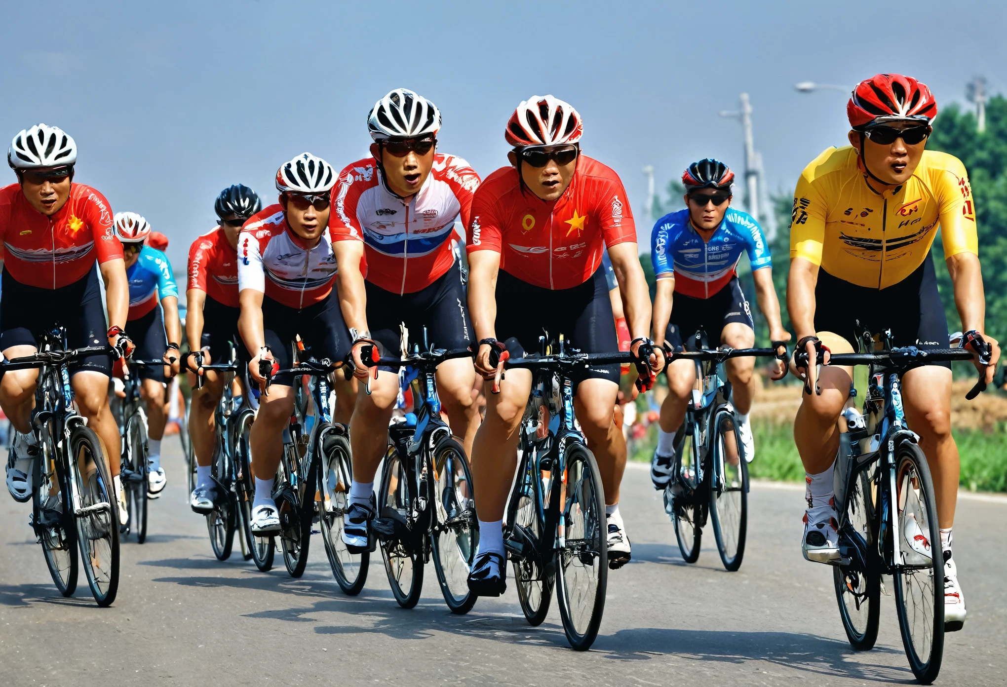 Cycling race,best quality, masterpiece, detailed, Perfect face,A group of Chinese men riding bicycles,From far to near,Complete bikes,Cycling race,
