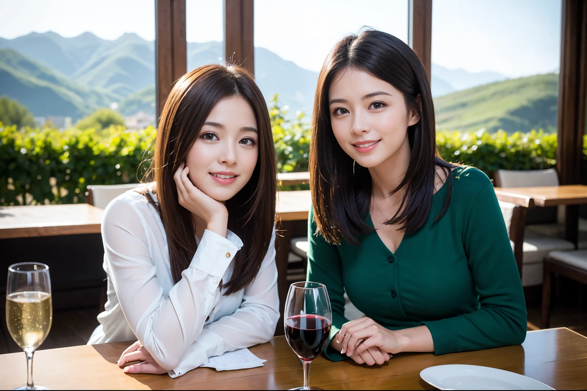 ((highest quality、8k、masterpiece:1.3))、1 male、1 female、Satomi Ishihara-like beautiful couple、Spouse、Couple、The body is slim、((Bob Hale、Straight hair:1.2)), (Realistic, Intricate details:1.2), Wine glass on the table、Shine light on your face、 Amazing view of the sunset sky and clouds、Amazing mountain views、A bright smile、The wonderfulness of smile、Bright image、The beauty of wine, Beautiful Face, blue eyes, The light shines on your face, Blushing, short hair,Bright Face、 (Age 37), "41 years old, red wine 、Appetizers、Italian food、Wine bottle、Champagne、sparkling wine、Two beauties、Brown Hair、Shortcuts、Long sleeve shirt、dress、Pretty Woman 1, (Slim face), (The body is slim), (Brown Hair), (Shortcuts), cheeks turn a little red,Attractive beauty、restaurant, In a prominent place (From the waist up) Nova Frog Style, actress, model, Upper Body, White wine, slim, wine glass, A wine glass placed in the center, smile, (smile: 1.15), Beautiful fine grain, Depth f/2,saturation, High Contrast, Strong light and shadow,Moist Body:1.5、3D texture、Delicate eyes、Brown Hair、The hair is very shiny、