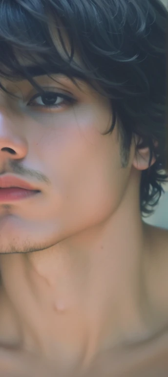 hay un chico con el pelo mojado y sin camiseta, primer plano de medio cuerpo, imagen de muy muy baja calidad, foto de baja calidad, imagen borrosa, foto de baja calidadgraph, piel sudorosa!!, cuello ampliado desde los labios hacia abajo, cerrar la cara, tiro extremadamente cercano, Primer plano en la cara, por :5 sexys: 7, tiro lateral, foto borrosa, pectorales, manzana de adan, marked collarbones