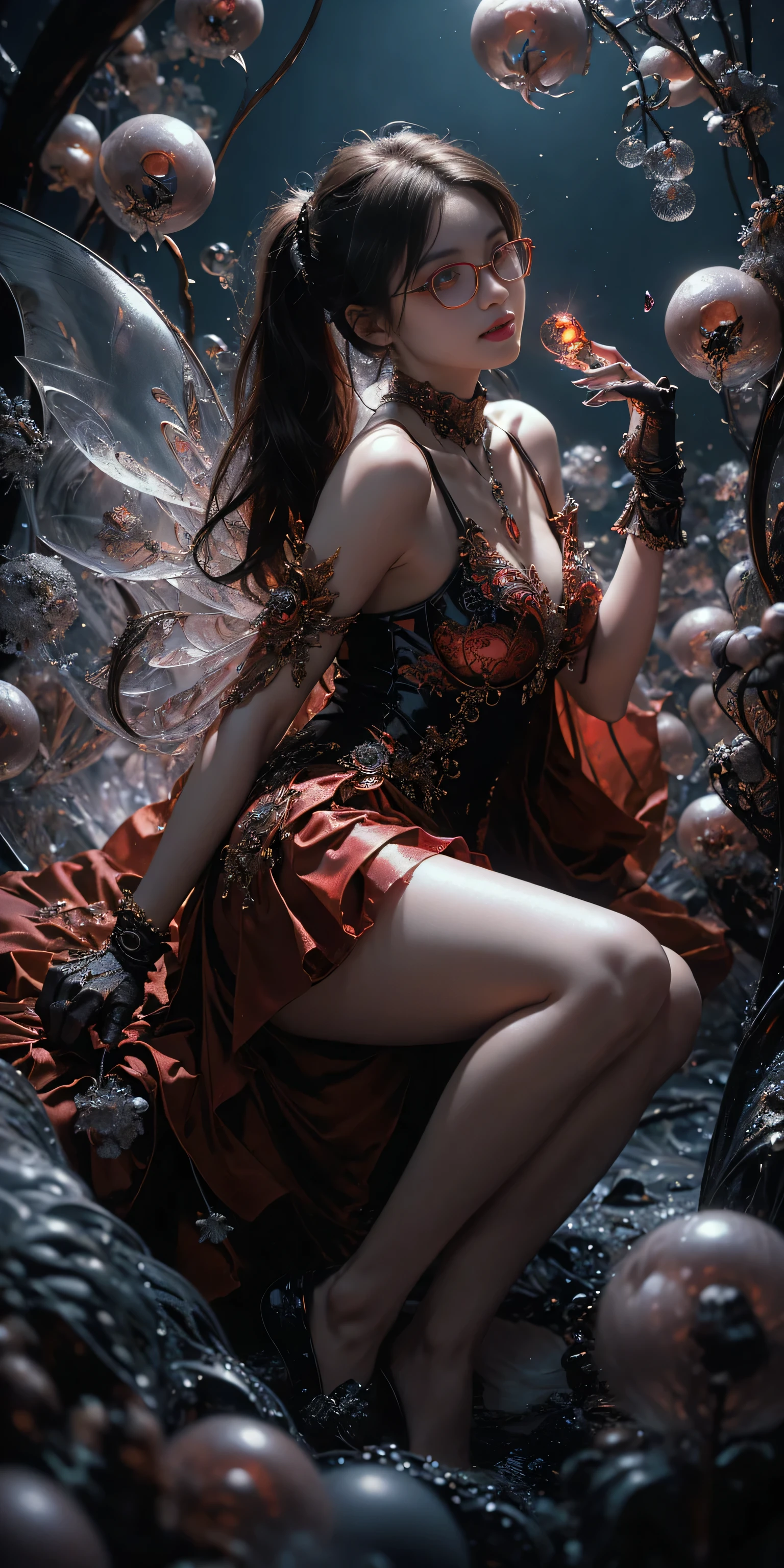 (The best illustrations)、realisitic、ultra-detailliert、The best lighting、Best Shadows、alluring succubus, ethereal beauty, perched on a cloud, (fantasy illustration:1.3), enchanting gaze, captivating pose, delicate wings, otherworldly charm, mystical sky, (Luis Royo:1.2), (Yoshitaka Amano:1.1), Dungeon and Dragon、caves、Dungeon、 A Necromancer、natta、Dark style、Succubus、Devil's Daughter、Bat Wings,(((Demon Hornlack-rimmed round glasses))))、(red eyes glowing:1.6)、beautiful countenance、Tindall Effect、(High Detail Skins:1.2) absurderes、Ponytail distortion、jewely、Beautiful expression、Toned waist、Wide buttocks、Tindall Effectmasuter piece、top-quality、Highest Standards、Top image quality、masutepiece、intricate detailes、High resolution、Depth Field、natural soft light、profetional lighting、Great smile、(High Detail Skin: 1.2)、photorealistic anime girl render、Strong highlights of the eyes、Perfect Anatomy、crotch open、Shy、Spreading your legs、Panties are visible、Skirt flipping、Body shiny with oilerectile nipple))、8K resolution、intricate clothing、Intricate details、Panties visible through the skirt、Panties in full view、Small panties, pink nipple, pink pussy