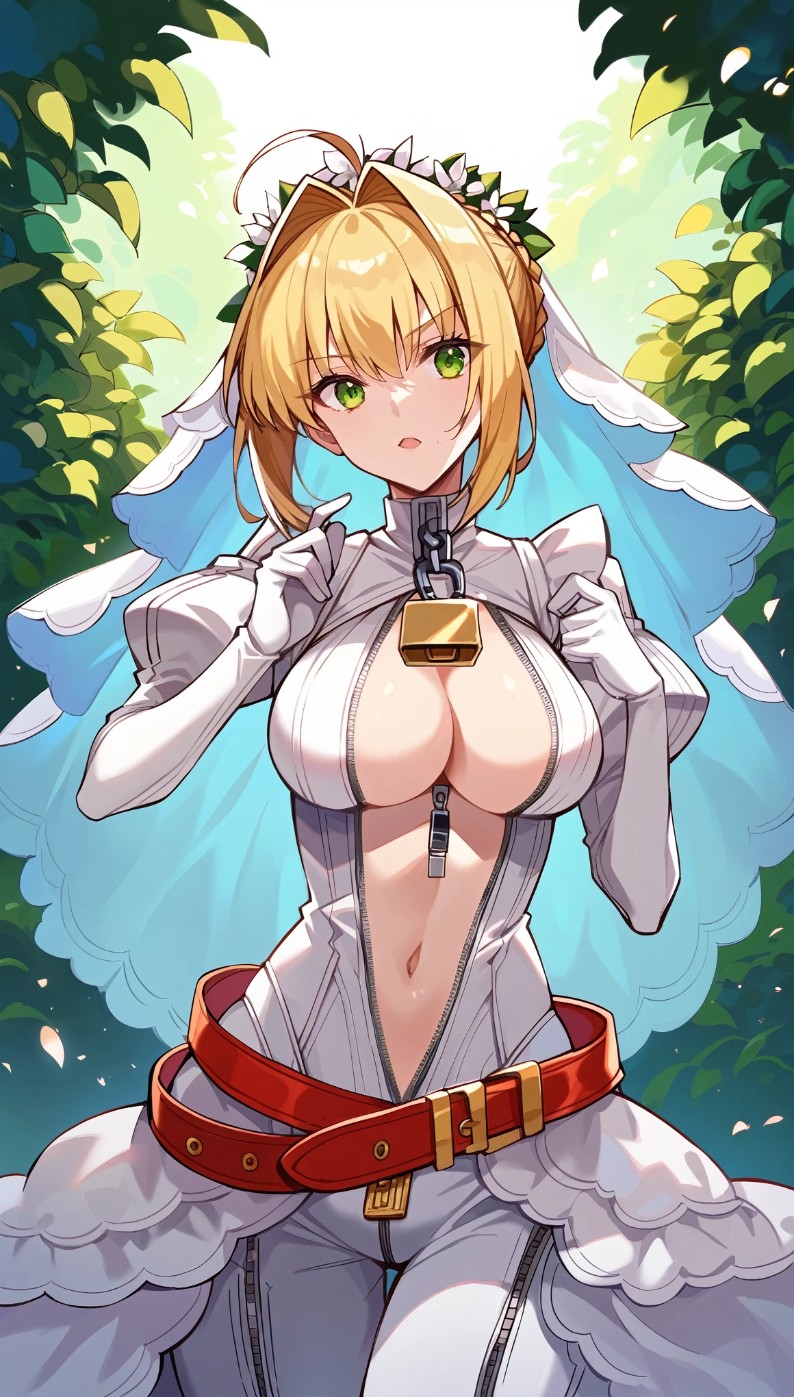 score_9, score_8_up, score_7_up, score_6_up, source anime,nero claudius \(bride\) \(fate\), nero claudius \(bride\) \(second ascension\) \(fate\),1girl,masterpiece, best quality, highres, aanero, ahoge, veil, green eyes, chain, padlock, (white bodysuit:1.2), zipper,zipper down,center opening,unzipped,cleavage,navel, white gloves, belt, frills, white dress,standing, cowboy shot, garden