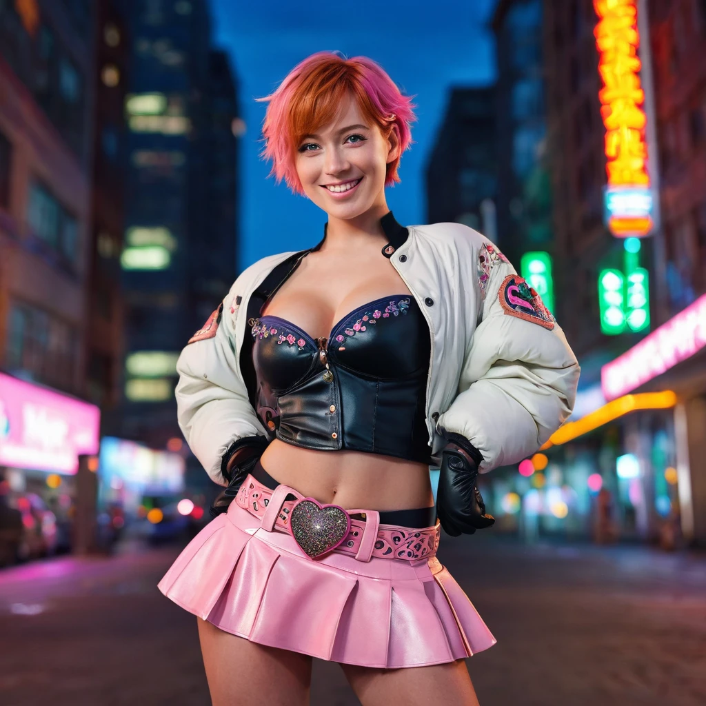 1 topless girl,cowboy shot, beautiful nora_valkyrie, looking at viewer, smile, short hair, blue eyes,heart cutout, gloves, jacket, pink skirt, pink belt, short sleeves, puffy sleeves, single armband, fingerless gloves, orange hair, pink gloves, dynamic pose, night, outdoors, city, (volumetric lighting), best quality, masterpiece, intricate details, tonemapping, sharp focus, hyper detailed, trending on Artstation,black panties