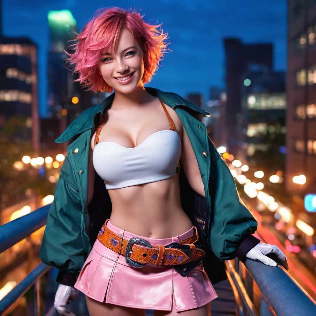 1 topless girl,cowboy shot, beautiful nora_valkyrie, looking at viewer, smile, short hair, blue eyes,heart cutout, gloves, jacket, pink skirt, pink belt, short sleeves, puffy sleeves, single armband, fingerless gloves, orange hair, pink gloves, dynamic pose, night, outdoors, city, (volumetric lighting), best quality, masterpiece, intricate details, tonemapping, sharp focus, hyper detailed, trending on Artstation, topless