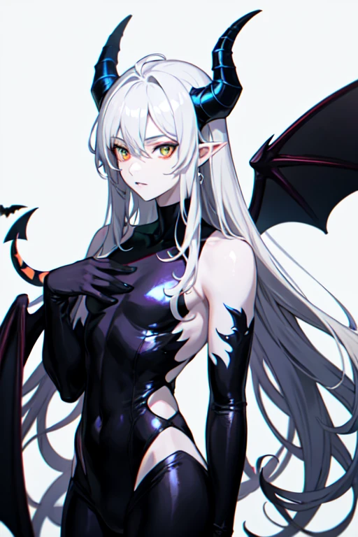 anime demon man with half black and half white hair, mixed blue and orange eyes, horns on his head, bat wings on his back, black and green scales, and pale purple skin
