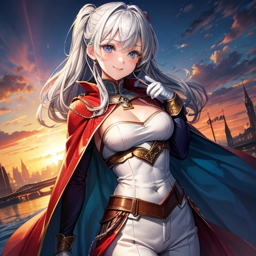 ,colorful,(masterpiece:1,2), highest quality, masterpiece, High resolution, original, Highly detailed wallpaper, One girl ,smile,alone, Grey Hair, blue eyes, original_Costume,Red Cape,White pants, gloves, chest, uniform, large chest