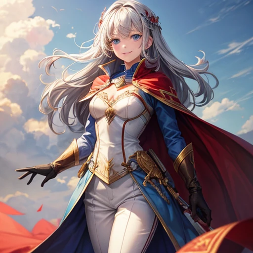 ,colorful,(masterpiece:1,2), highest quality, masterpiece, High resolution, original, Highly detailed wallpaper, One girl ,smile,alone, Grey Hair, blue eyes, original_Costume,Red Cape,White pants, gloves, chest, uniform, large chest