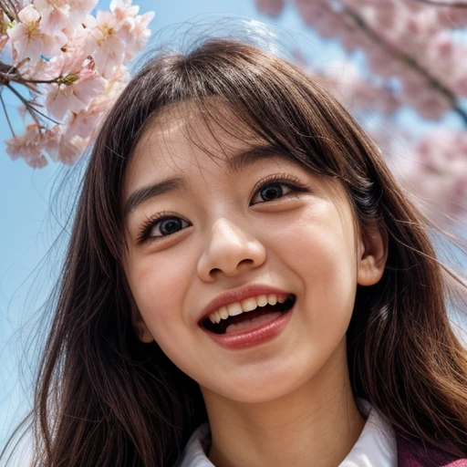 Best_Quality, HDR, masterpiece, Hi-Res, (realistic and photorealistic with touch of rawness:1.37), (group photo:1.6), ((SchoolGirls Surrounding the camera in Upward composition)), Panoramic, (Filled with many Faces), (NOGIZAKA face variations:1.4), { Looking down at the camera | (Kissing face to face) }, (((close:1.2, Face closeup from below:1.4))), (((Sky background)) with CherryBlossoms) . BREAK Extremely Detailed KAWAII face variations, captivating gaze, elaborate detailed Eyes with (sparkling highlights:1.32), long eyelashes、Glossy RED Lips with beautiful details, Coquettish tongue, Rosy cheeks, Glistening ivory skin . { (Dynamic joyful expressions) | (:D) | (Kissing) | Tongue out }, { baby hair | Updos | OKAPPA }, Childish, SchoolUniform .