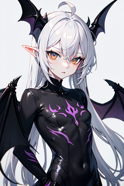 anime demon man with half black and half white hair, mixed blue and orange eyes, horns on his head, bat wings on his back, black and green scales, and pale purple skin