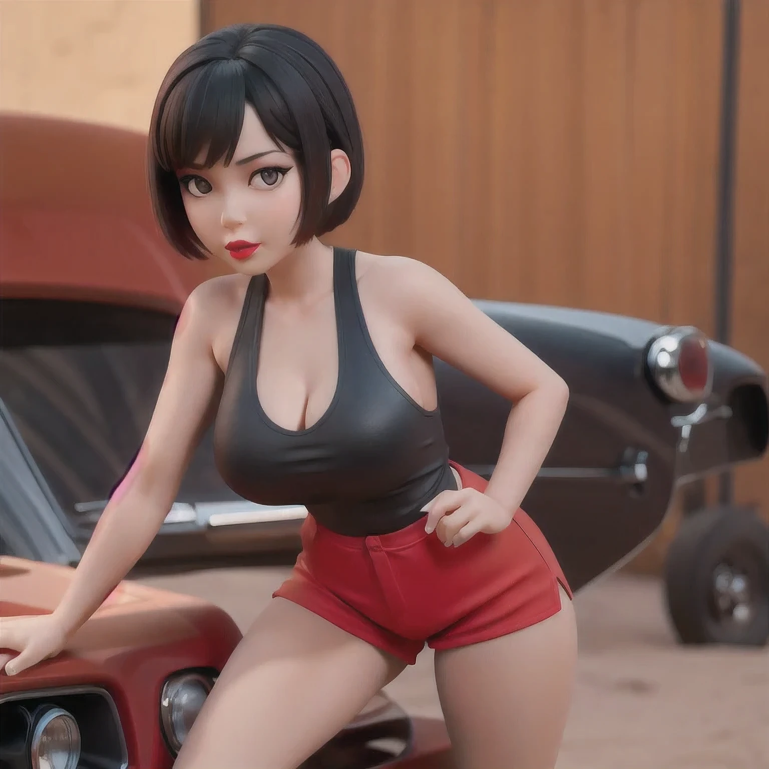 （（（1 Girl）））1 Girl
3d
bare shoulders
black eyes
black hair
blurry
blurry background
breasts
brown eyes
depth of field
leaning forward
lips
lipstick
looking at viewer
makeup
nose
outdoors
realistic
red lips
short hair
shorts
solo
tank top，(Desert Abyss)
