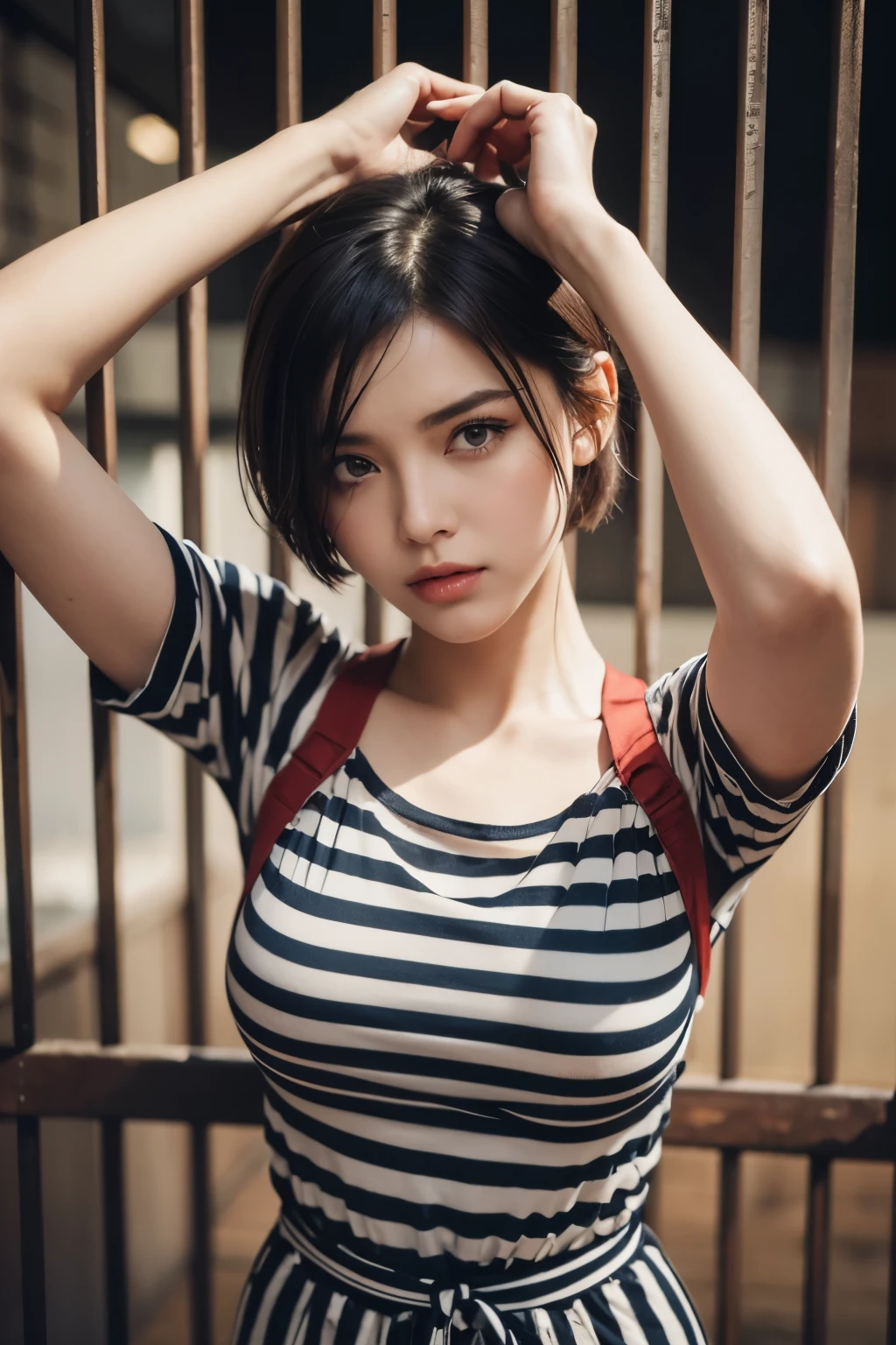 Beautiful woman dressed as a prisoner, shackles on feet, red striped jumpsuit, Iron bars, short sleeves, short cut hair, (Highly detailed facial expressions), random pose,