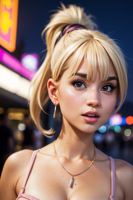 (best quality,4k,highres,ultra-detailed,realistic:1.2), a young nude girl, small breasts,short blond hair with a pigtail and bangs, flat abs, earrings , necklace out in the street at night, neon lights and advertising, close-up portrait
