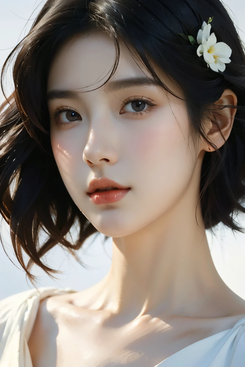 ((Pure beauty:0.8+ultra-realistic realism:1.2)，White skin texture:1.2，eyes with brightness:1.1)，lightand shade contrast:1.1，high textured:1.1，Picture quality:Ultra HD:1.3，The upper part of the body，tall nose bridge,dynamic angle，Clouds and mountains，Flower field in the foreground，Light tracing，realisticlying，offcial art，Unity 8k壁纸，ultra - detailed，Beautiful and beautiful，tmasterpiece，best qualityer，Glowing skin，cinmatic lighting。