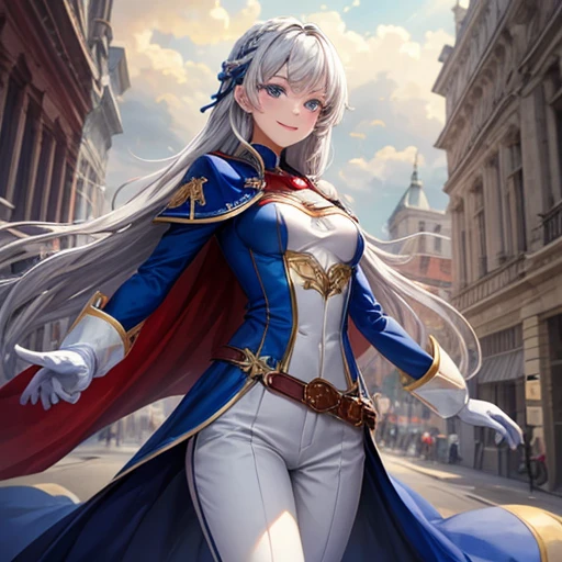 ,colorful,(masterpiece:1,2), highest quality, masterpiece, High resolution, original, Highly detailed wallpaper, One girl ,smile,alone, Grey Hair, blue eyes, original_Costume,Red Cape,White pants, gloves, chest, uniform, large chest