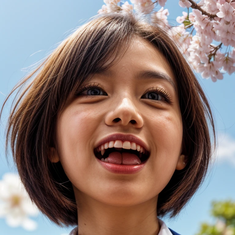 Best_Quality, HDR, masterpiece, Hi-Res, (realistic and photorealistic with touch of rawness:1.37), (group photo:1.6), ((SchoolGirls Surrounding the camera in Upward composition)), Panoramic, (Filled with many Faces), (NOGIZAKA face variations:1.4), { Looking down at the camera | (Kissing face to face) }, (((close:1.2, Face closeup from below:1.4))), (((Sky background)) with CherryBlossoms) . BREAK  Extremely Detailed KAWAII face variations, captivating gaze, elaborate detailed Eyes with (sparkling highlights:1.32), long eyelashes、Glossy RED Lips with beautiful details, Coquettish tongue, Rosy cheeks, Glistening ivory skin . { (Dynamic joyful expressions) | (:D) | (Kissing) | Tongue out }, { baby hair | Updos | OKAPPA }, Childish, SchoolUniform .