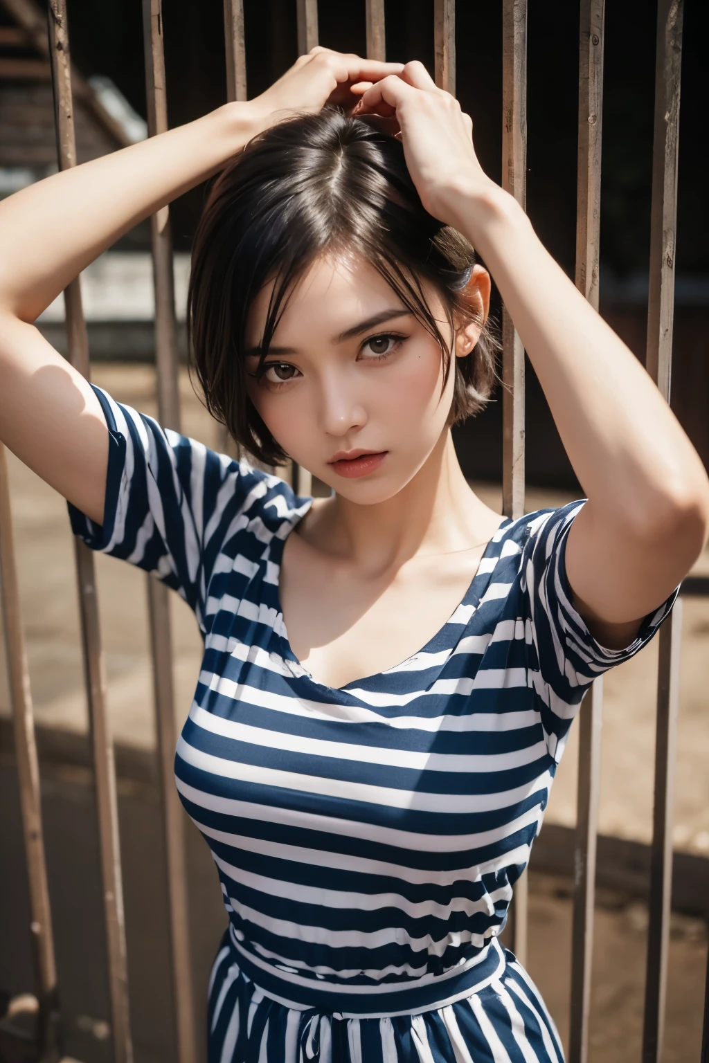 Beautiful woman dressed as a prisoner, shackles on feet, red striped jumpsuit, Iron bars, short sleeves, short cut hair, (Highly detailed facial expressions), random pose, Hand over the head,