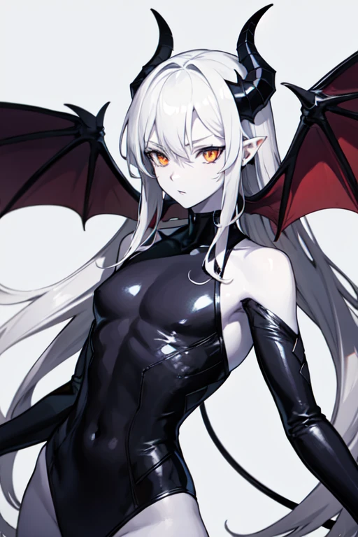 anime demon man with half black and half white hair, mixed blue and orange eyes, horns on his head, bat wings on his back, black and green scales, and pale purple skin