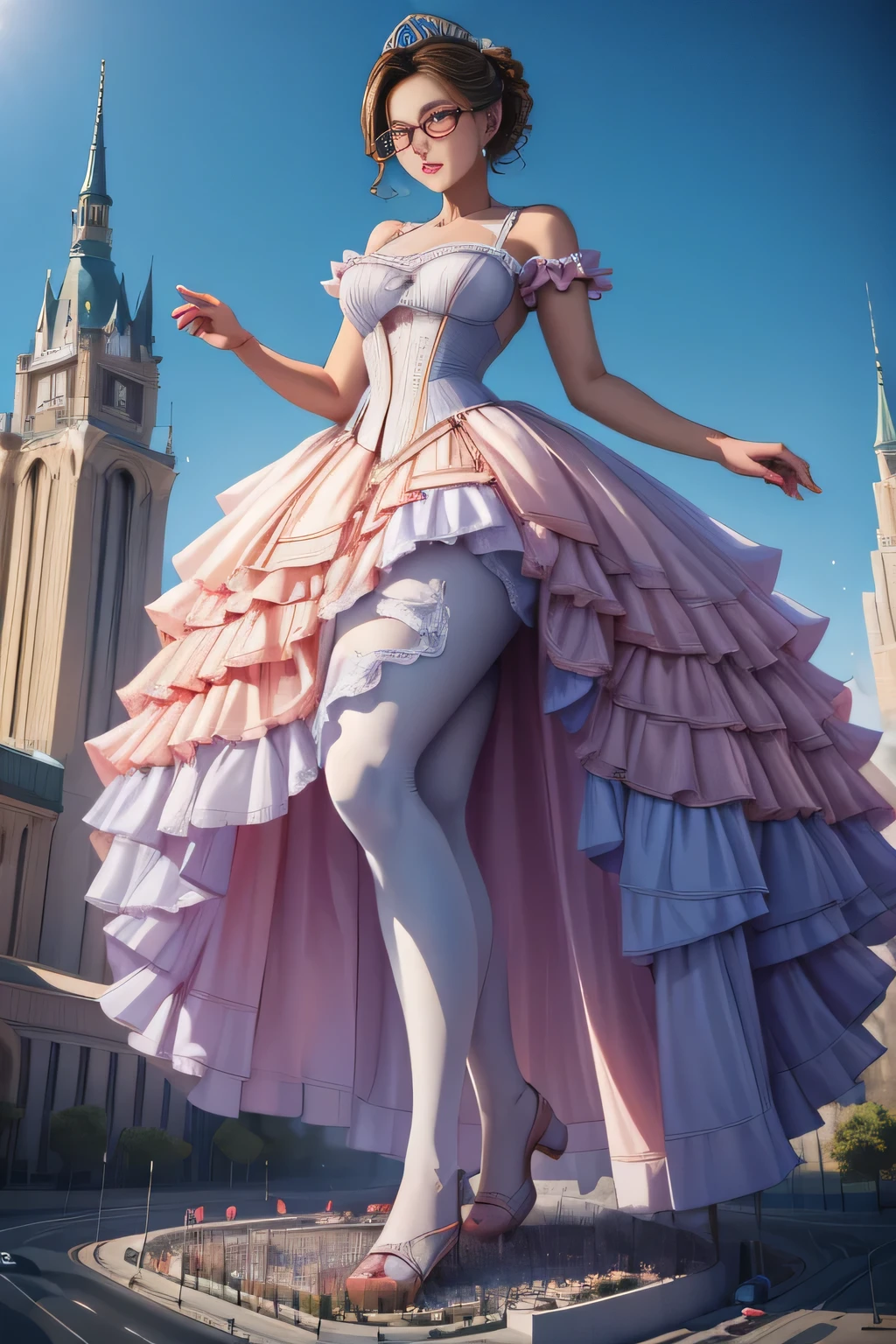giantess art, highly detailed giantess shots, giantess, Two legs, Five fingers, short hair, super giant princess, A beautiful girl who is bigger than any skyscraper, Wearing rimless glasses, Big Breasts, White gorgeous dress, White Pantyhose, white pantyhose, White stiletto sandals, toes visible through pantyhose, A very small big city, Miniature metropolis, Full body description, GTS, giga giantess, stomping city, crash city, tiny city, micro city, pantyhose feet, High resolution, highest quality, masterpiece, princess dress,