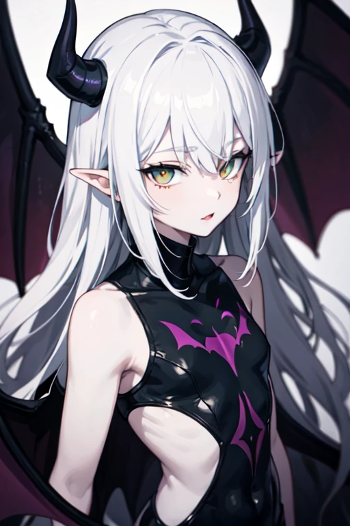 anime demon man with half black and half white hair, mixed blue and orange eyes, horns on his head, bat wings on his back, black and green scales, and pale purple skin
