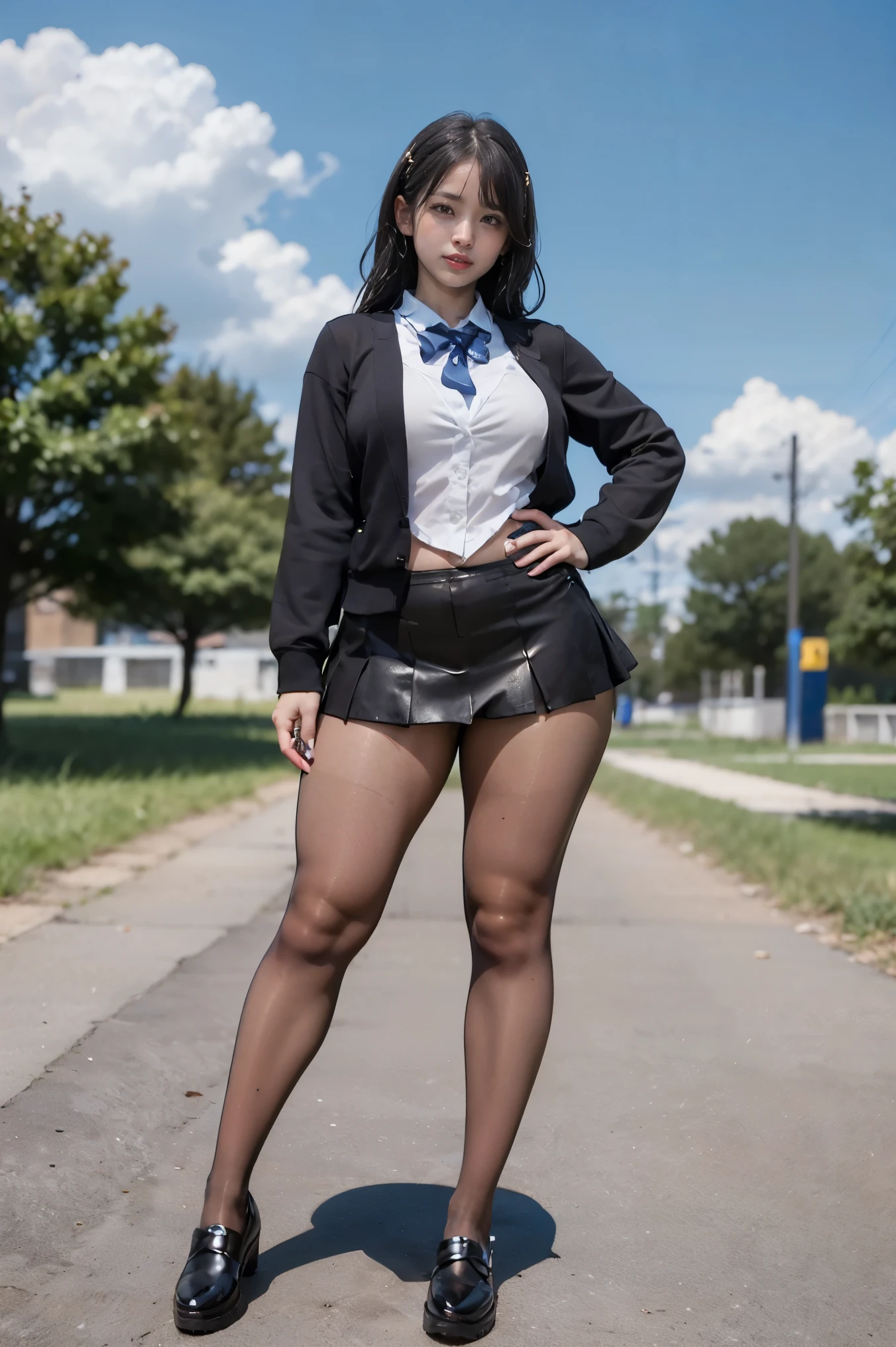 (Please take a photo of them from the front.), (8k), (highest quality: 1.5), (Realistic: 1.1), Ultra-high resolution, Very detailed, Golden Ratio, (Two tall Japanese high school girls), 24-year-old F-cup busty gal sisters, (Full body shooting), She has a super cute gal face., Smiling with mouth closed, Simple uniform, Same uniform, (Wearing a black high school uniform), Beige long sleeve cardigan, Wet Uniform, (Thick and long muscular legs), ((very wide thighs)), ((Very long legs)), (Black pantyhose accentuate her long legs), (マイクロmini skirtと黒パンストを必ず着用しています), (Oily shiny black pantyhose),(mini skirt), High heel loafers