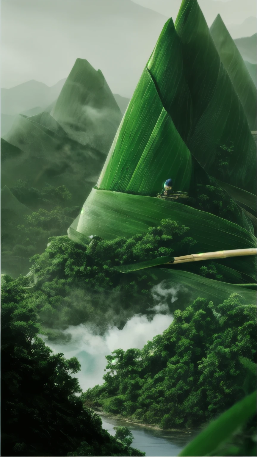 (Highly detailed), (16k:1.5), (Intricate Detail), zongzi, mountain, smoke, landscape, organic matte painting, bamboo, mobile wallpaper, mobile wallpaper, by Yu Zhiding, movie promotional pictures, jack and beanstalk, key art, beautiful 3D concept art, vertical wallpaper, poster illustration, 3d rendering and matte painting, epic matte painting of an island