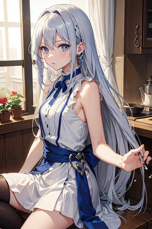 (masterpiece), (best quality), highres, kei1, 1girl, solo, blue eyes, long hair, (wears a white Venezuelan dress), ribbon, bangs, collarbone, (gray hair), black hair band, neck ribbon, hair between eyes, medium breasts, cowboy shot, smile, (anatomically correct full body), this inside a Venezuelan house, detailed full escenario