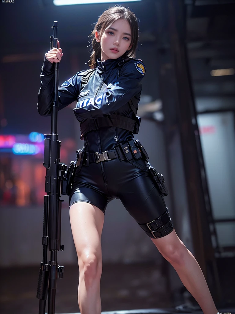 ((Best image quality, Great details, RAW Photos、Ultra-high resolution、realism: 1.4)), Favorite Details, (Shining Beautiful Girl, Delicate and beautiful features,Exquisite face)、 ((Cowboy Shot)), (Serious expression、Stiff、Adrenaline、Super cool woman), (Black racing suit、Blue Shirt、Police Counter-Terrorism Team、Police uniform, Black and grey mech, Wearing a military harness, Accurately draw a machine gun、Equipped with a machine gun with great attention to detail), (A large number of equipment、magazine、Night Vision Goggles、holster、Terminal)、((The background is a secret base of terrorists、Dark passage、Combat Stance、stand with long legs apart、check、Glare:1.4))