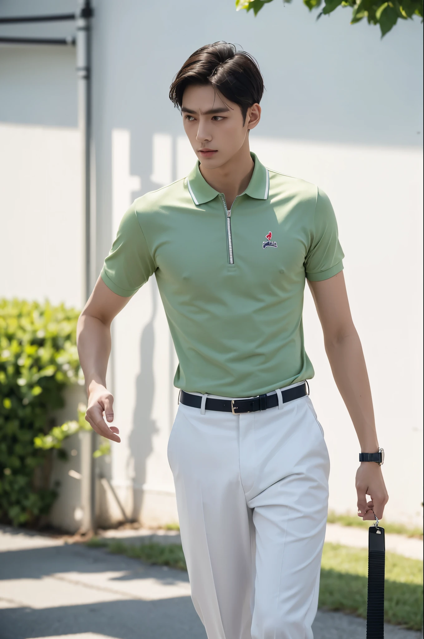 standing collar，Short sleeve，standing collar，Polo Shirt，（Top color：green，red，深green，White，series）standing collar，Embroidered logo on collar，Access control with zipper，Male model walking forward，short hair，Disk hair，Male model walking forward，Male model walking on the street front，Walking on the catwalk，Wear it with black pants，Khaki long trousers，搭配White板鞋，Background white，White background