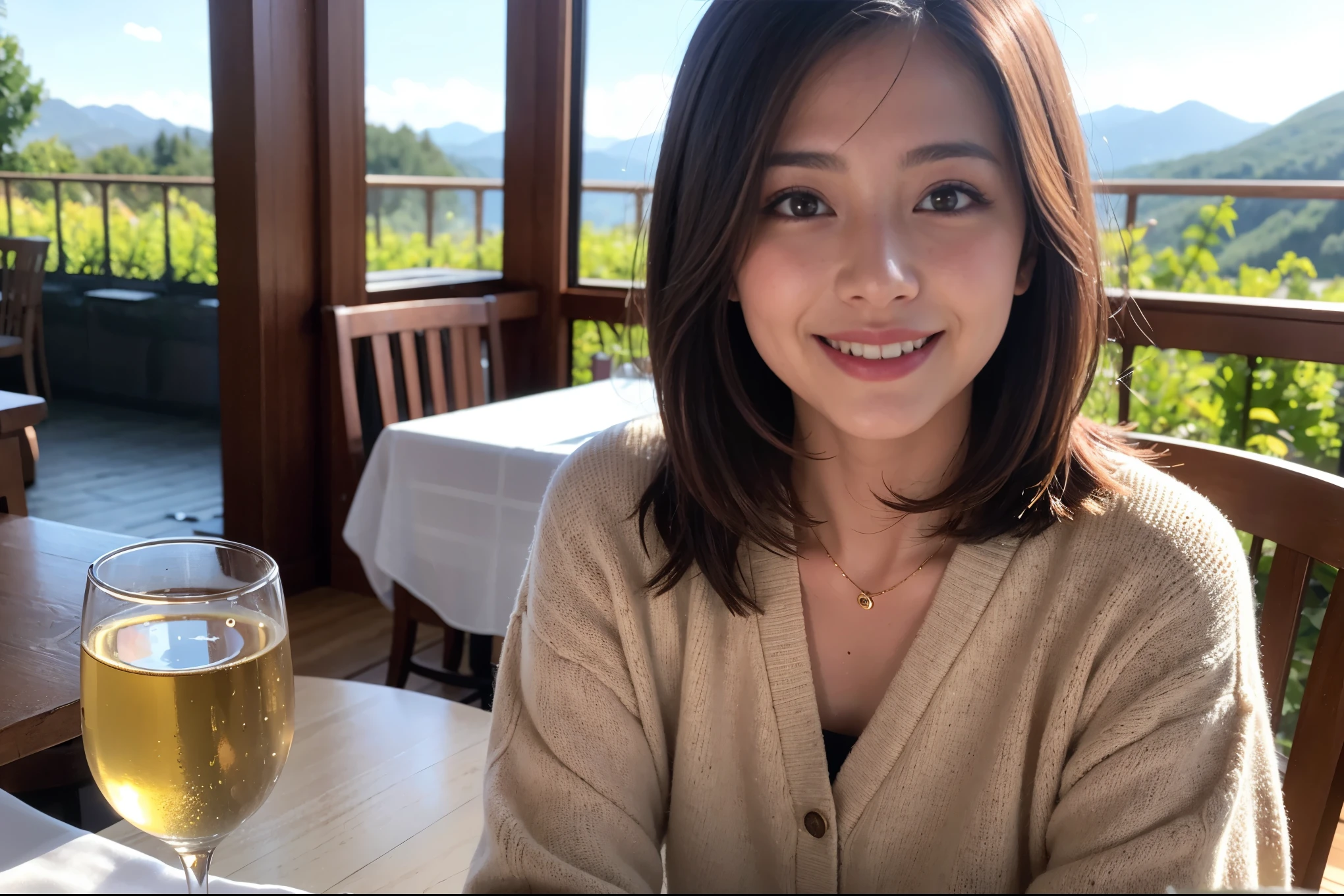 ((Highest quality、8k、masterpiece:1.3))、cute、Slim couple、Model Couple、Actress、(Realistic, Intricate details:1.2), full-course dinner、Wine Party、Amazing view of the sunset sky and clouds、A bright smile、short hair,Bright Face、 (45 years old), 42 years old, red wine 、Appetizers、Italian food、Wine bottle、Champagne、sparkling wine、Two beauties、Brown Hair、Shortcuts、Long sleeve shirt、dress、Beautiful woman 1, (Slim face), (The body is slim), (Brown Hair), (Shortcuts), cheeks turn a little red,Attractive beauty、restaurant, In a prominent place (From the waist up) Nova Frog Style, actress, model, Upper Body, White wine, slim, wine glass, A wine glass placed in the center, smile, (smile: 1.15), Beautiful fine grain, Depth f/2,saturation, High Contrast, Strong light and shadow,Moist Body:1.5、3D texture、Delicate eyes、Brown Hair、The hair is very shiny、